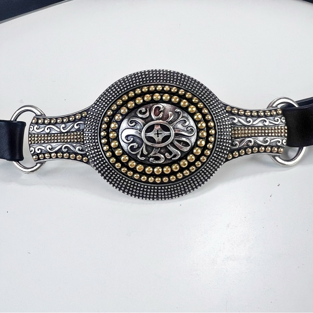 Chico's Black leather Adjustable Statement Belt Silver and Gold Tone Buckle